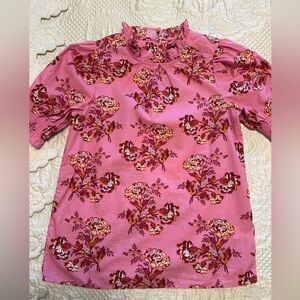JCrew pink floral blouse top ruffle neck/sleeves XXS